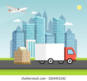 Delivery van with shadow and cardboard boxes on city background.  Product goods shipping transport. Concept of the shipping service. Vector illustration.