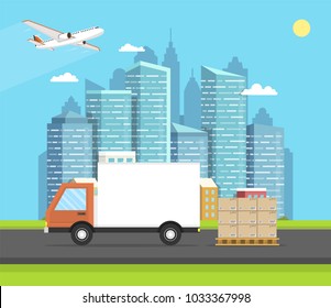 Delivery van with shadow and cardboard boxes on city background.  Product goods shipping transport. Concept of the shipping service. Vector illustration.