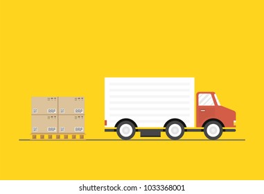 Delivery van with shadow and cardboard boxes.  Product goods shipping transport. Vector illustration.