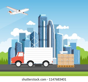 Delivery van with shadow and cardboard boxes on city background.  Product goods shipping transport. Concept of the shipping service. Vector illustration.