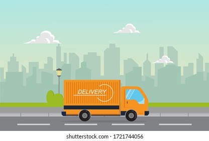 Delivery van with shadow on city background.