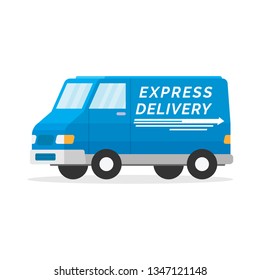 Delivery van with shadow on white background. Flat style vector illustration delivery service concept. Product goods shipping transport. Fast service truck - Vector