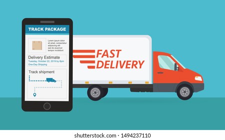 	
Delivery van with shadow. Product goods shipping transport. Fast service truck and tracking shipment on the phone