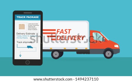 	
Delivery van with shadow. Product goods shipping transport. Fast service truck and tracking shipment on the phone