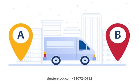 Delivery van shipping cargo according to delivery route. Navigation pins and a truck as a concept of delivery area, map tool and carrier route vector flat design illustration on white background.