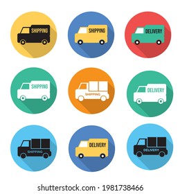 Delivery van and shipping truck vector icon set