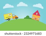 Delivery van ships a parcel in a house. Concept of express delivery. Express free delivery from the warehouse by truck home and office. Copy space for the logo. Vector illustration.