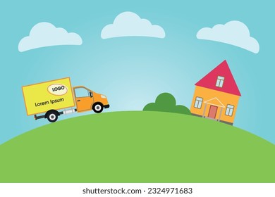 Delivery van ships a parcel in a house. Concept of express delivery. Express free delivery from the warehouse by truck home and office. Copy space for the logo. Vector illustration.