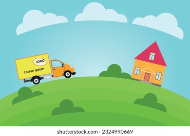 Delivery van ships a parcel in a house. Concept of express delivery. Express free delivery from the warehouse by truck home and office. Copy space for the logo. Vector illustration.