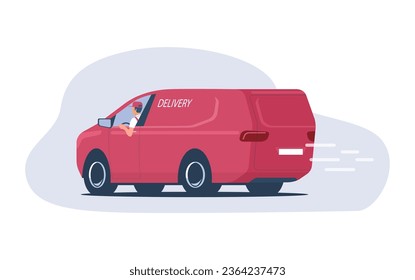 Delivery van speeds with driver at the wheel isolated. Vector illustration.