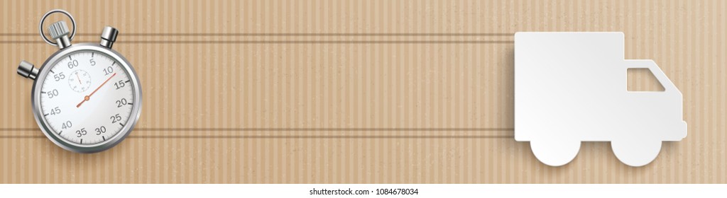Delivery van with stopwatch on the cardboard background. Eps 10 vector file.
