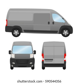 Delivery van template for presentation and ad vector mock up. isolated on white background, grey van vehicle set template back front side view.