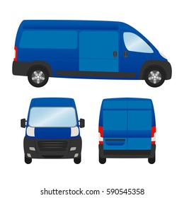 Delivery van template for presentation and ad vector mock up. isolated on white background, blue van vehicle set template back front side view.