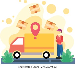 Paquetes de seguimiento de furgonetas de entrega con ilustración de marcador de ubicación