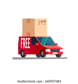 Delivery van transporting a big cardboard package. Vector illustration.