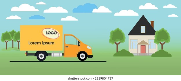 Delivery van, truck, car ships a parcel in a house. Concept of express delivery. Express free delivery from the warehouse by truck home and office. Copy space for the logo. Vector illustration.