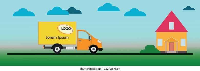 Delivery van, truck, car ships a parcel in a house. Concept of express delivery. Express free delivery from the warehouse by truck home and office. Copy space for the logo. Vector illustration.