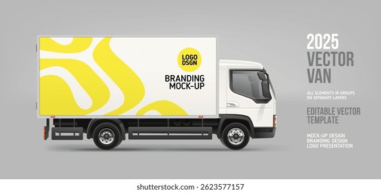Van de entrega, maquete de caminhão com design de marca amarela. Gráficos de marca abstratos de design de decalque de listras amarelas para transporte. Veículo de marca. Banner horizontal do AD. Modelo de vetor editável
