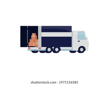 Delivery van or truck with open back door and cardboard boxes stacked inside - isolated flat vector illustration of transportation vehicle on white background.