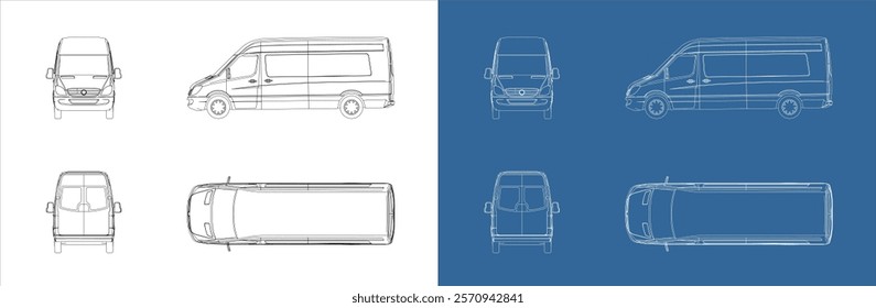 delivery van vector all side view line art draw blueprint wireframe on isolated on transparent background