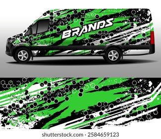 Delivery van vector design. Abstract green torn stripes and white splashes on black background for vinyl car sticker. Car design development for the company. 