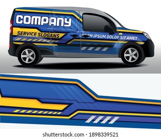 Diseño vectorial de la camioneta de entrega. Etiqueta del coche. Desarrollo de diseño de coches para la empresa. Ramificación de coches. Fondo morado azul con rayas amarillas para pegatinas de vinilo de coche
