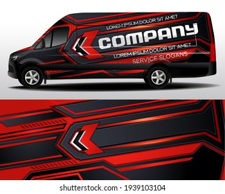 Diseño vectorial de la camioneta de entrega. Etiqueta del coche. Desarrollo de diseño de coches para la empresa. Ramificación de coches. Etiqueta de la marca del automóvil en rojo y negro