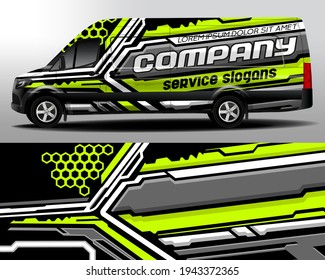 Diseño vectorial de la camioneta de entrega. Etiqueta del coche. Desarrollo de diseño de coches para la empresa. Gris con fondo verde con rayas blancas para pegatinas de vinilo de coche
