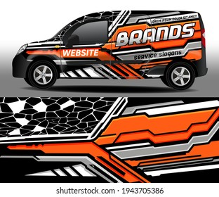 Delivery van vector design. Car sticker. Car design development for the company. Black with orange background with white and gray stripes for car vinyl sticker
