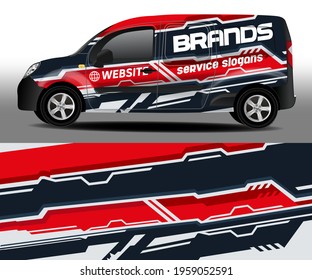 Delivery van vector design. Car sticker. Car design development for the company. Gray with red background with white stripes for car vinyl sticker