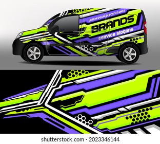 Delivery van vector design. Car sticker. Car design development for the company. Light green and purple stripes on black background car vinyl sticker
