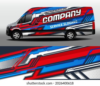 Delivery van vector design. Car design development for the company. Car branding. Decal with a car brand in blue and red colors
