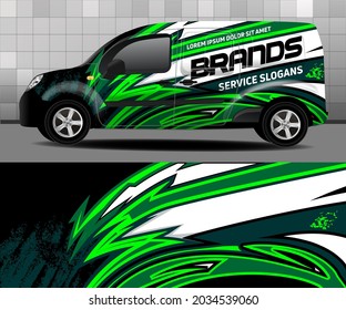 Delivery van vector design. Car design development for the company. Black background with light green and gray stripes for car vinyl sticker. Car sticker. 
