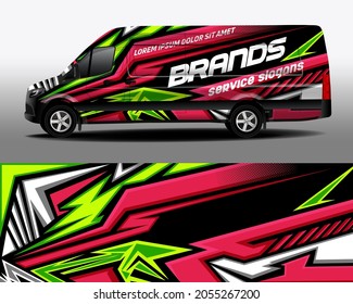 Delivery van vector design. Car sticker. Car design development for the company. Black background with abstract green and pink stripes for car vinyl sticker
