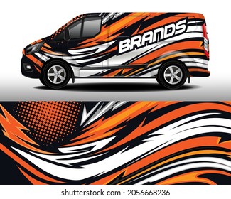 Diseño vectorial de la camioneta de entrega. Etiqueta del coche. Desarrollo de diseño de coches para la empresa. Rayas naranja y blanca sobre fondo negro para pegatinas de vinilo de coche
