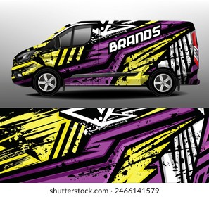 Delivery van vector design. Car sticker. Development of car design for the company. Black background with abstract yellow and purple stripes for car vinyl decal.