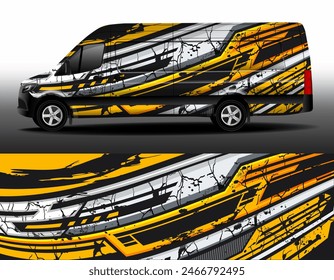 Delivery van vector design. Car sticker. Development of car design for the company. Black background with abstract yellow and gray stripes for car vinyl decal.
