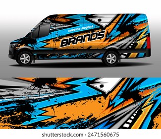 Delivery van vector design. Car sticker. Development of car design for the company. Car branding. Orange, blue and gray stripes on a black background for a car vinyl decal.
