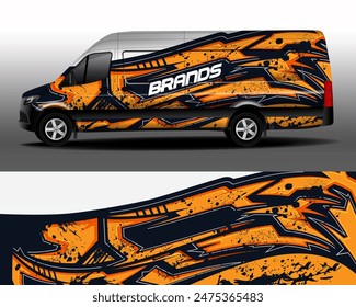 Delivery van vector design. Car sticker. Development of car design for the company. Car branding. Orange and white stripes on black background for car vinyl sticker.
