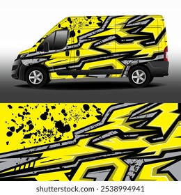 
Diseño de Vector de furgoneta de entrega. Etiqueta engomada del coche. Desarrollo de diseño de coches para la empresa. Fondo negro y amarillo con rayas blancas y grises para la etiqueta engomada del vinilo del coche.
