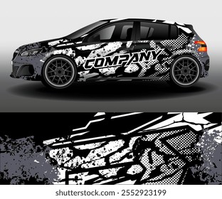 Diseño de Vector de furgoneta de entrega. Desarrollo de diseño de coches para la empresa. Fondo negro con rayas grunge blancas y grises para la etiqueta engomada del vinilo del coche.
