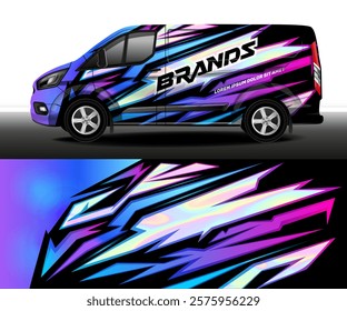 Delivery van vector design. Car decal. Graphic abstract striped racing background for vinyl car sticker. Car design development for company.