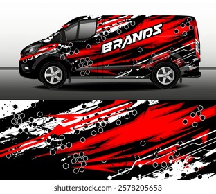 Delivery van vector design. Car decal. Car design development for company. Abstract background with red stripes and paint splashes for car wrap design, racing car, rally, adventure and coloring.