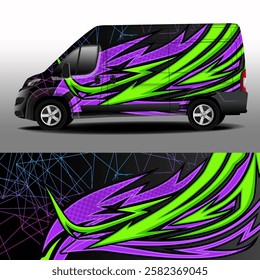 Delivery van vector design. Car sticker. Abstract racing and sport background with purple and light green stripes for racing livery or vinyl car decal for daily use. Car design development for company