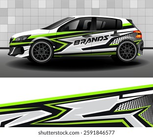 Delivery van vector design. Car design development for company. Black background with green and white abstract stripes for vinyl car decal.