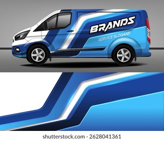 Projeto de vetor de van de entrega. Adesivo do carro. Desenvolvimento de design de carro para empresa. Fundo branco com listras azuis para adesivo de carro de vinil.