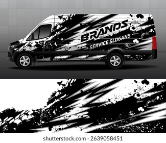 Delivery van vector design. Car branding. Black background with white and gray grunge stripes for car vinyl sticker. Car design development for the company. 