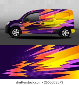 Delivery van vector design. Car design development for the company. Abstract colorful power lightning background for car vinyl sticker.