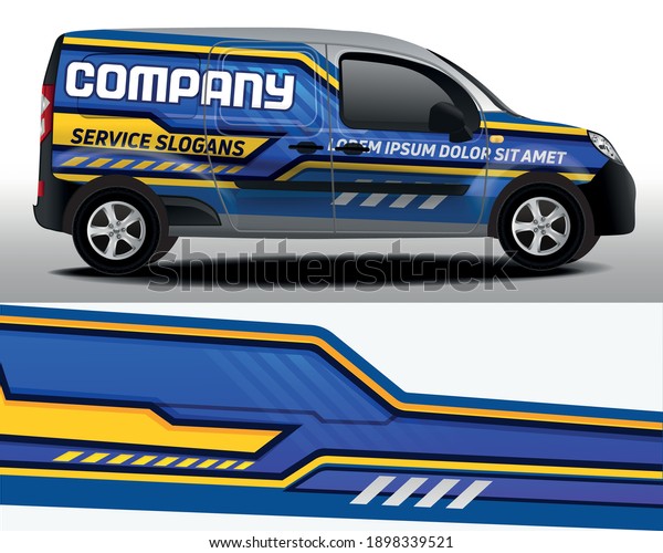 Delivery van vector design. Car\
sticker. Car design development for the company. Car branding. Blue\
purple background with yellow stripes for car vinyl\
sticker\
