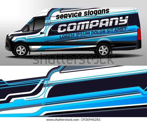Delivery van vector design. Car sticker.\
Car design development for the company. Black with blue background\
with white stripes for car vinyl\
decal\
